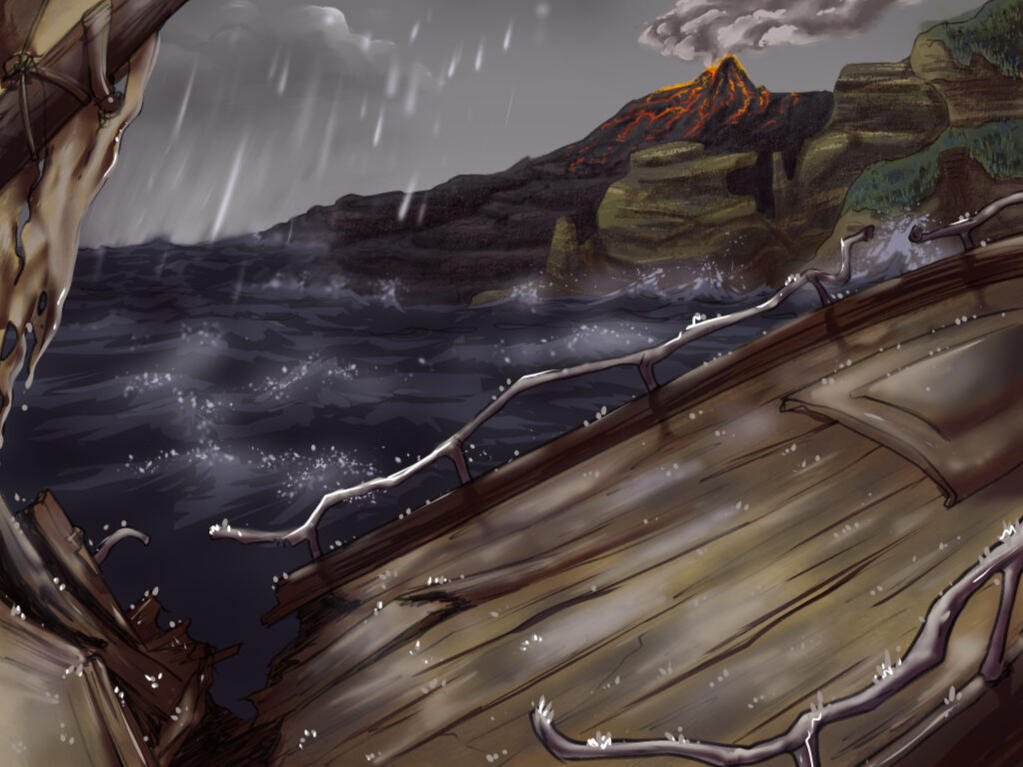 digital illustration. an aged and wrecked sailing yacht has crashed on some (unseen) rocks. it is currently raining and has made the deck slick and reflective.