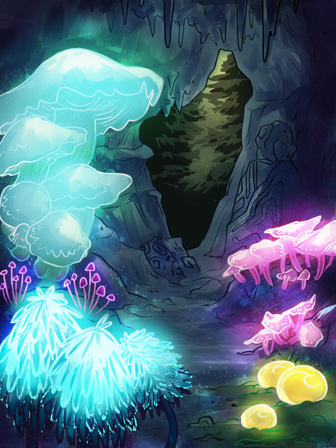 digital illustration, environmental concept art of a cave featuring bioluminescent mushrooms. the POV is from inside the cave, looking out through the cave entrance, where some of the forest can be seen beyond. The mushrooms have grown to a huge size.