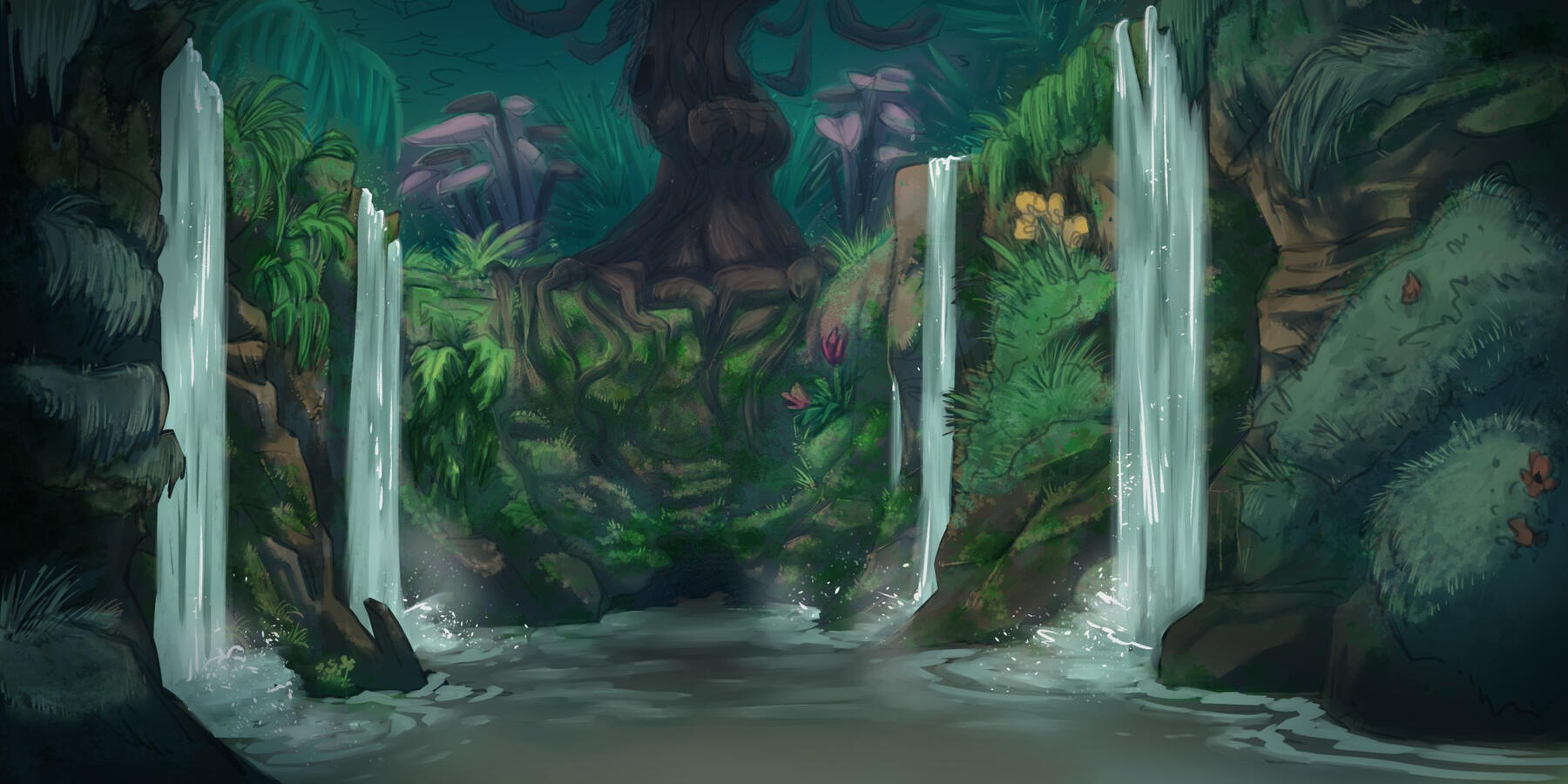 digital illustration. a small sinkhole in a jungle with overgrown foliage. four small waterfalls feed into a small pool at the bottom of the sinkhole, which then drains through a tunnel created by the roots of a large tree (out of shot)