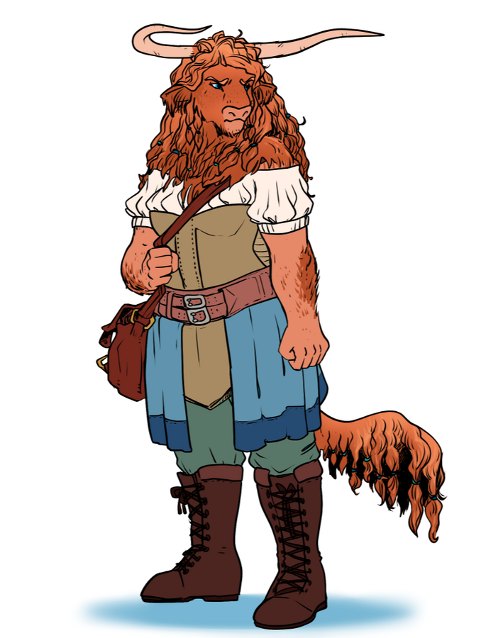 digital illustration. full body character design of a Highland cow inspired minotaur. she has a sturdy-athletic body type, vibrant ginger hair and a slightly orange skin-tone (in places where there is no fur). her outfit is made of a sturdy bodice, a fabri