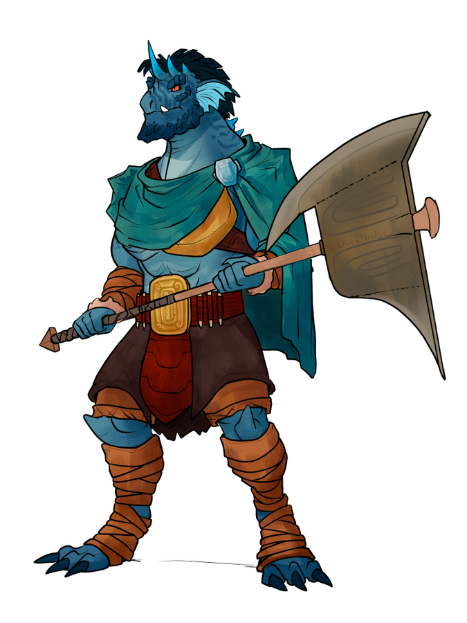 digital illustration. a full body design for a Dungeons and Dragons dragonborn barbarian. he is very muscular, grey-blue in colour, with a 'crown' of short horns on his head, a very thickset jaw, and short tendrils that give the impression of hair. his out
